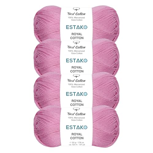 Image of Estako Royal Cotton, (4 Skeins Pack) 100% Mercerized Giza Cotton Yarn, Soft, Super Fino for Crochet and Knitting (4 x 1.76 Oz) / (4 x 137 Yrds) (5092 - Pink)