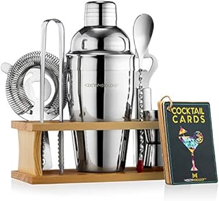 Modern Mixology Cocktail Shaker Set - 8-Piece Cocktail Making Set - Cocktail Shaker, Jigger, Spoon, Tongs and Display Stand - Bartender Kit Gift Set - Silver