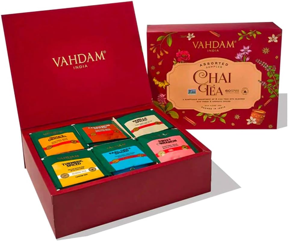 Assorted Chai tea Explorer Pack - 6 Varieties, 60 Tea Bags| Premium Chai tea gift set |Organic Herbal & Black Teas |Gift Box