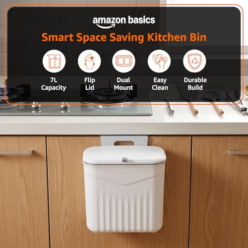 Image of Amazon Basics 7 Litre Kitchen Dustbin with Lid, Hanging Plastic Trash Can for Cabinet Door, Wall Mounted Garbage Bin, Double-Sided Open Design - White