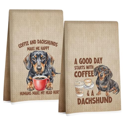 Image of 2 Pcs Funny Dachshund Kitchen Towels 24x14 Inch, Coffee Dachshund Gifts Reusable Dish Towels for Kitchen Decor, Waffle Weave Absorbent Tea Towel, Cute Weiner Dog Gifts for Women Mom Friend