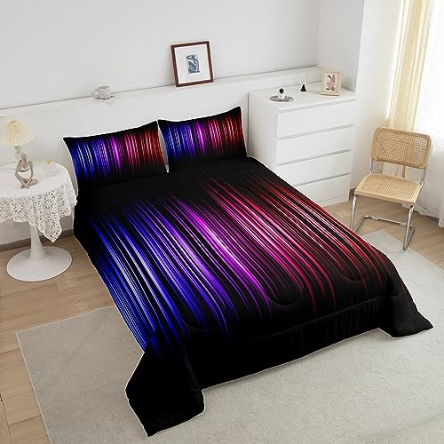 Image of Red Blue and Black Comforter Full Size for Boys Girls, Stripes Comforter Set Ombre Gradient Lines Bedding Set Abstract Duvet Set 3Pcs