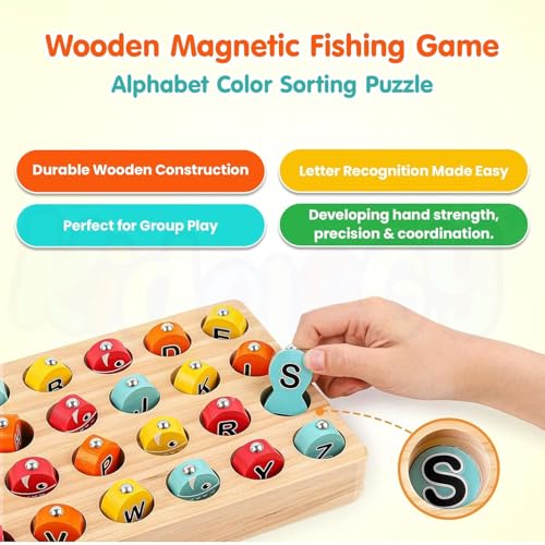 Image of SHINETOY Wooden Magnetic Fishing Game, Fine Motor Skill Toy ABC Alphabet Color Sorting Puzzle, Montessori Letters Cognition Preschool Gift for Years Old Kid Early Learning with 2 Pole