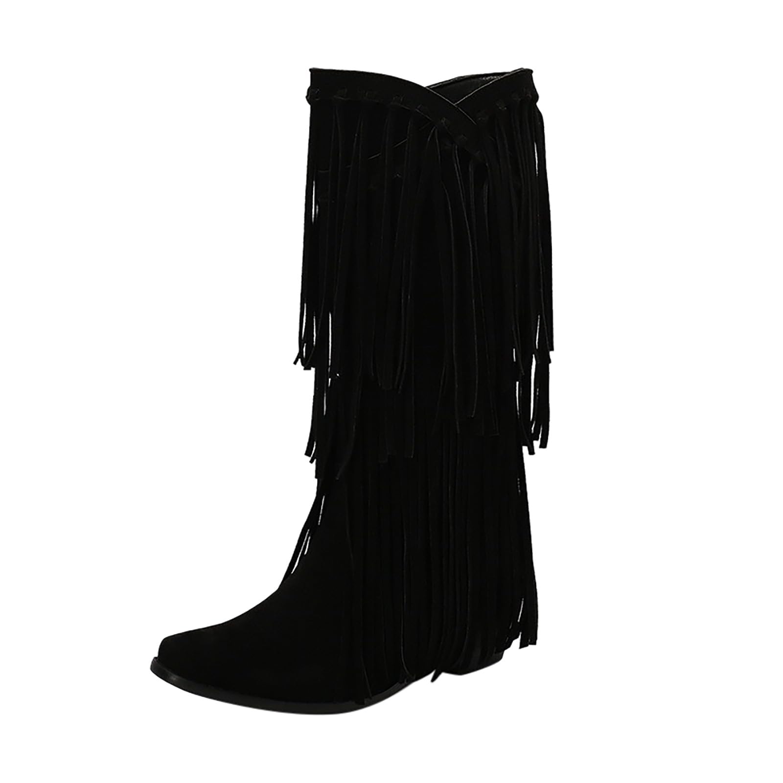 Stivali da cowboy da donna con frange, tacco a blocco, in pelle scamosciata, alti al ginocchio, eleganti stivali lunghi