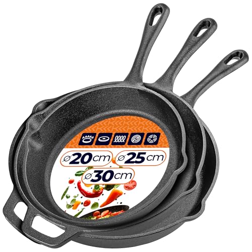KADAX Juego de 3 sartenes de hierro fundido (20/25/30 cm), sartenes de hierro fundido, aptas para inducción y horno, sartén de hierro fundido para inducción