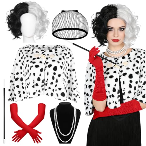 Saier tbo 6 Pièces Déguisement de Cruella pour Femme, Kit d'accessoires Costume Cruella avec Châle Noire et Blanche Perruque Collier de Perles Gants pour...