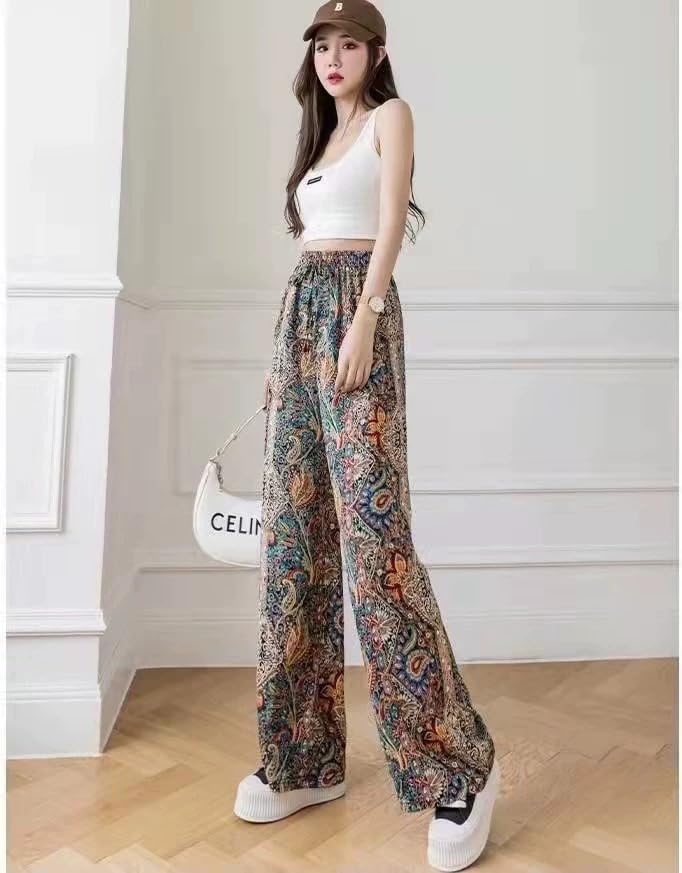 Image of Celary Women's Printed Palazzo Pants - Silk Blend High Waist Wide Leg Trousers | Elastic Waist Relaxed Fit Casual Flowy Pants for Travel, College, Office