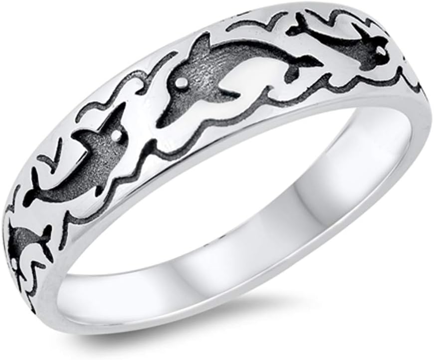 Unique Oxidized Dolphin Wave Ocean Animal Ring New .925 Sterling Silver Band Sizes 5-10