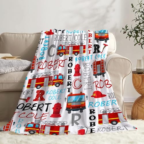Image of Fire Trucks Firefighter Custom Blanket Gifts Personalized Fire Trucks Throw Blankets for Boys Girls Super Soft Fleece Flannel Air Conditioning Blanket for Couch Bed 80x60 in for Adult