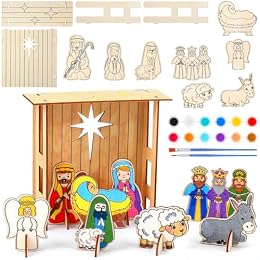 MiniInflat 12 Pcs Christmas Wooden Nativity Set to Paint Scene Coloring Craft DIY Unfinished Nativity Ornament Color Your Own Wood Set for Kids Gift Christian Religious Table Decor