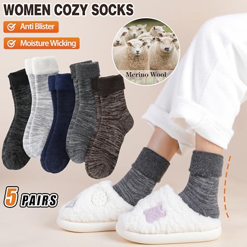 Image of EBMORE 5 Pairs Women Merino Wool Boot Socks Warm Thermal Winter Thick Hiking Cozy Cabin Crew Comfy Socks for Ladies
