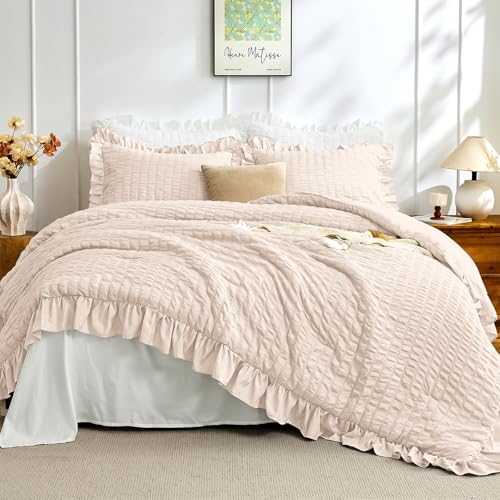 Image of JOLLYVOGUE Beige Comforter Full Size, 3 Pieces Seersucker Lightweight Full Size Bedding, All Season Fluffy Microfiber Bedding Comforter Set with 1 Ruffle Comforter and 2 Ruffle Pillowshams