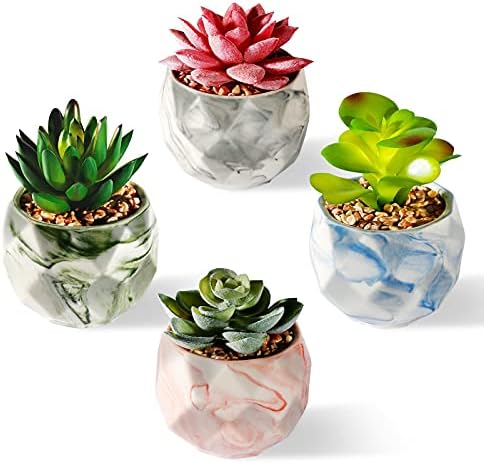 SOPHSEAG Succulents Plants Artificial - Upgraded Mini Potted Fake Succulent Plants for Home Office Desk Plant Decor, Assorted Small Faux Succulents in Rhombus Colored Marbled Ceramic Pots (Set of 4)