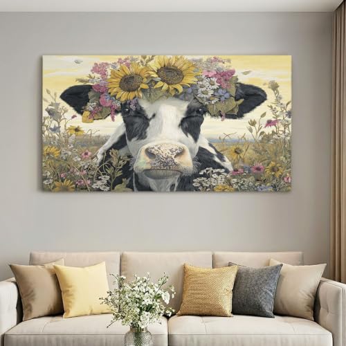 Lienzo de vaca y girasol (40 x 30 cm), el regalo ideal de decoración para amantes del campo