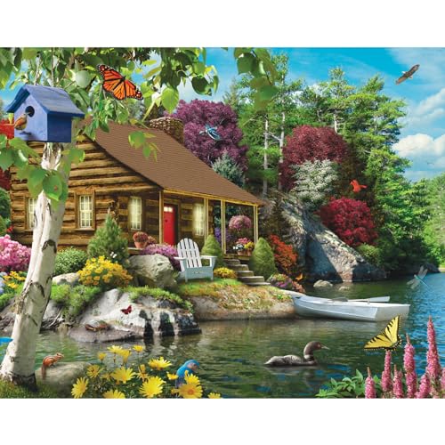Rompecabezas de piezas grandes para adultos y mayores: Cabaña junto al lago, escena colorida de naturaleza (200 piezas) miniatura 2
