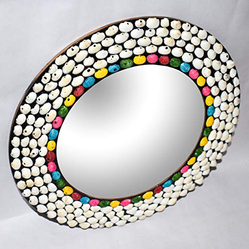 Image of 15 inch Sea Shell Wood Crafted Wall Mount Round Mirror for Wall - Rustic Accent Mirror for Bathroom - Entry - Dining Room - Living Room - Gift (15 inch x 15 inch, Multi)