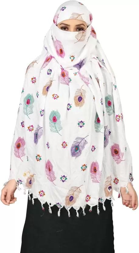 Pure Cotton Female Long Scarf Cum Mask With Sun Protection Cover Face Mask Scarves Stylish Universal Size Usable Dupatto Vehicle Driver Sunlight Uv Protection For Girls & Women(White Feather)