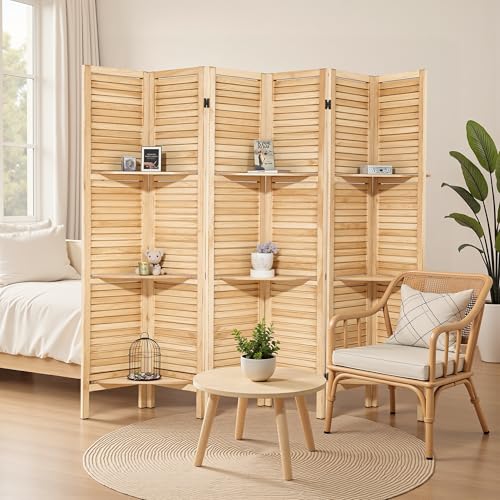 Osparple Room Divider with Shelves 6 Panel Folding Screen Wooden Privacy Screen Room Partitions and Dividers with Shelves for Office and Apartment, Oak