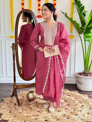 Image of Shiv Textiles Women's Chanderi Silk Embroidered Kurta Pant Dupatta Set(JDA-MADHAVI-Pink-L)