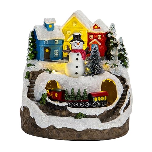 GRIRIW Music Lighted House with Animated Train Christmas Village Tabletop Decoration Holiday Ornament for Christmas Table Decorations Snowman Design