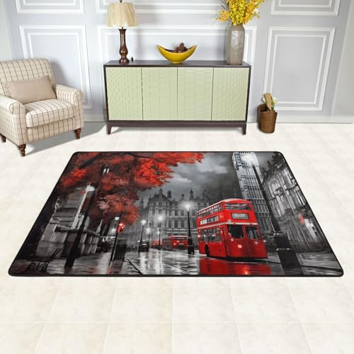 XOPEKVLAWM Tapis antidérapant pour salon, chambre à coucher, salle à manger, bureau, décoration d'intérieur - 91 x 60 cm - Motif rue Londres - Rouge