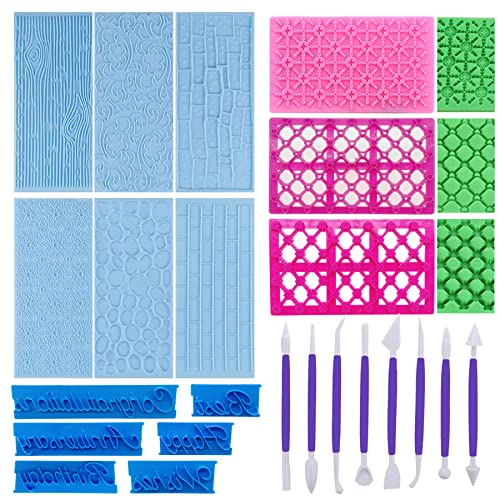 Woohome 23 Stück Kunststoff Fondant Silikonform Set Prägematte Fondant, 14 Verschiedene Muster Prägematte Strukturmatte für Fondant Tortendeko, Schokolade Prägematte Fondant Blumen