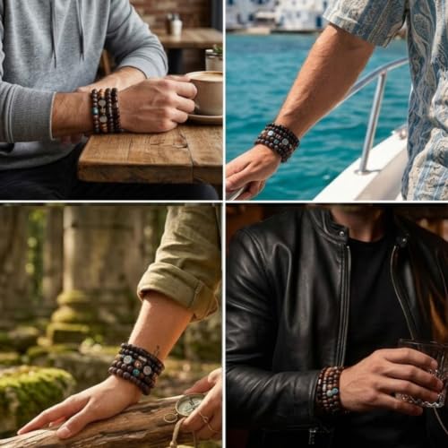 Image of Young & Forever Multi-Pack Men's Leather Bracelet Set - Braided Rope, Vintage Bead, Gothic Punk Skull, & Boho Wrapped Multi-Layer Cuff Wristbands, Adjustable Jewelry Pack