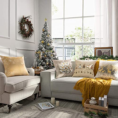 Phantoscope Pack Of 4 Merry Christmas Decorative Velvet Embroidery Throw Pillow Cover With Snowflake, Trees, Elves, Elk Cushion Covers For Xmas Couch Sofa, Beige And Gold, 18 X 18 Inches, 45 X 45Cm #TOP2