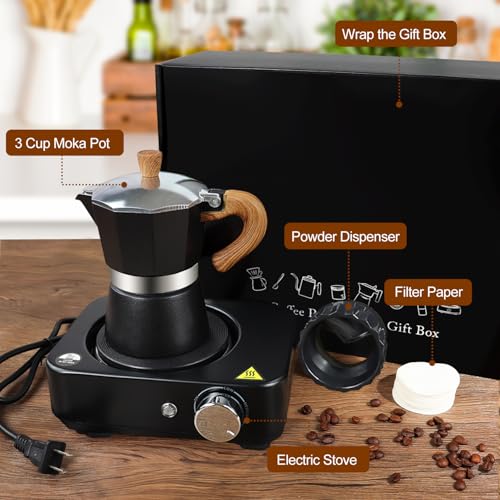Image of 4-in-1 Moka Pot Espresso Set with Electric Stove 3 Cup Aluminum Stovetop Coffee Maker Percolator Italian Classic Mocha Coffee Machine with Powder Dispenser Filter Paper Portable Camping Black
