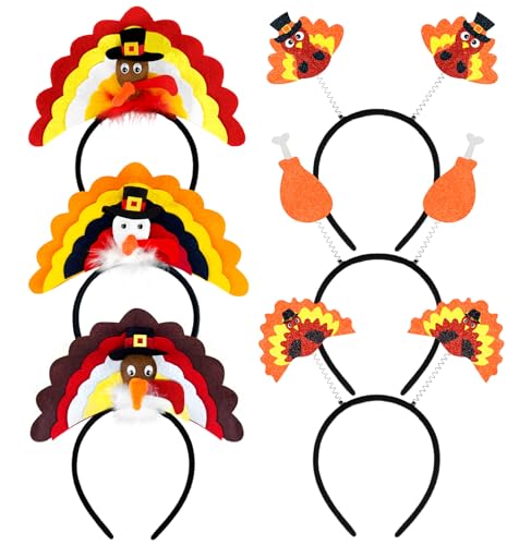 Unves Thanksgiving Headband, Set of 6 Turkey Hat Headbands for Women, Thanksgiving Turkey Costume Dress Up Fall Party Favors Hair Accessories