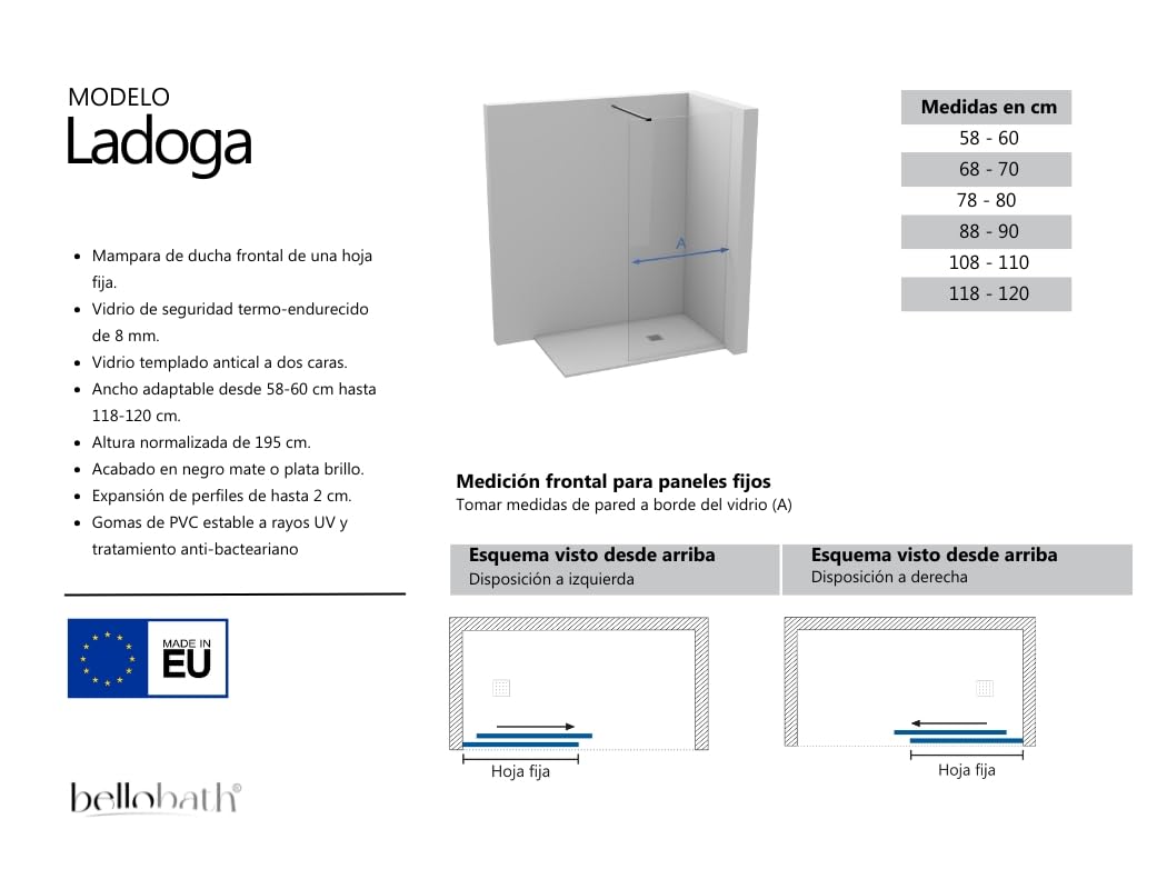 Mampara de ducha frontal panel fijo - Transparente - Cristal templado 8 mm Antical - Perfilería Plata Brillo - Ancho adaptable 78-80 cm - Alto 195 cm