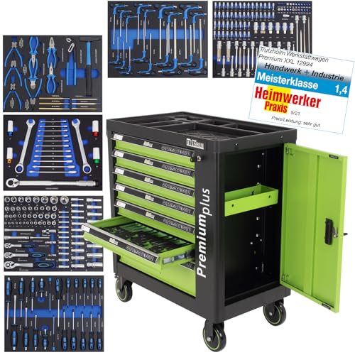 TRUTZHOLM Werkstattwagen bestückt 254tlg. Chrom Vanadium Werkzeug 7 Schubladen Seitentür Softclose Zentralverriegelung Interloc Montagewagen gefüllter Werkzeugwagen Drehmomentschlüssel, Knarren etc.