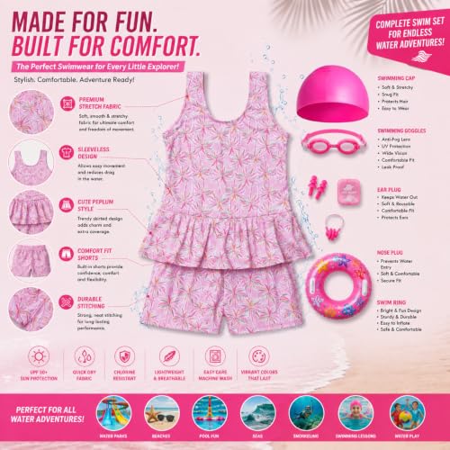 Image of LEBAMI ﻿Kids Girls One piece Swimsuit Combo Kit | Frock Swim Costume with Goggles, Cap, Swimming Tube, Nose Clip & Earplugs | Pool & Beach Swimming Kit
