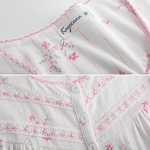Keyocean Women Nightgowns, 100% Cotton Long Sleeve Long Women Sleepwear Nightdress, Pink Floral, Large