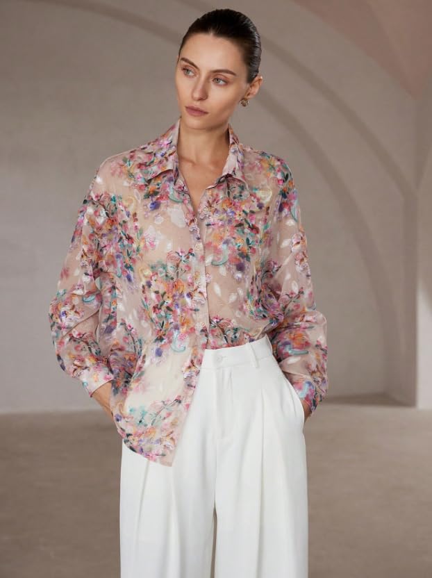 Image of Women Shirt || Women Top ||Floral Print Polo Collar Shirt, Casual Long Sleeve (S-26-28)