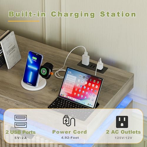Image of 9 Drawer Dresser with LED Lights and Charging Station, 63 inch Wide Grey Wood Fluted Dresser for Bedroom, Modern Chest of Drawers for Closet Dresser TV Standt for Living Room, Entryway, Hallway