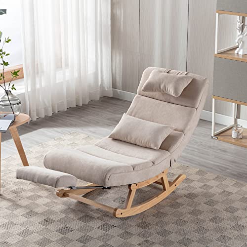 Royard Oaktree Rocking Chair Upholstered Glider Chair With Retractable Footrest Modern Indoor Recliner Chair With Pillow Comfy Fabric Lounge Lazy Chair For Nursery Living Room Bedroom,Beige #TOP1