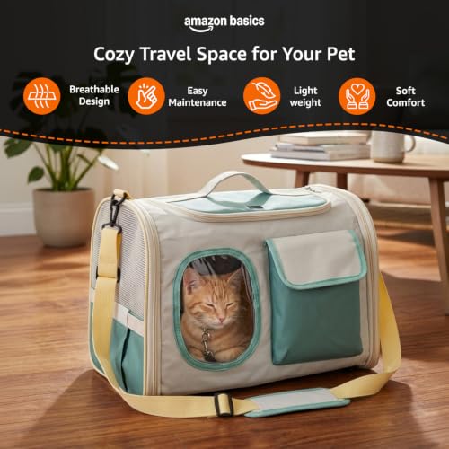 Image of Amazon Basics Premium Pet Carrier Backpack | White- Sage Green | Spacious and Breathable Design | Durable Travel Bag for Cats, Kittens and Puppies | 41cm x 26cm x 30cm