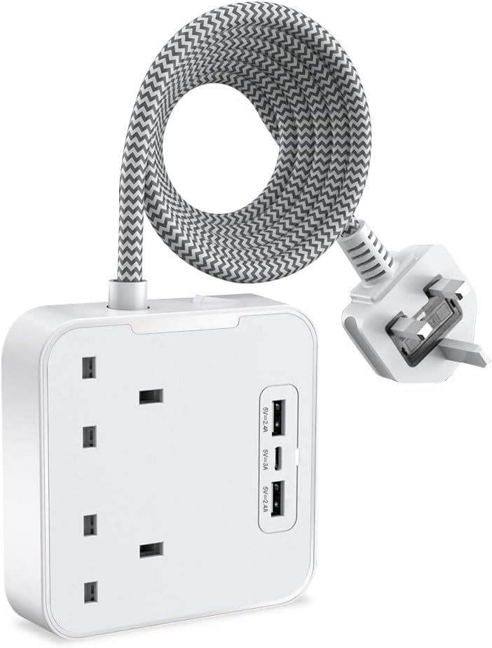 Extension Cable Lead with USB C, 3250W 13A, Power Strips with 2 Way Outlets 3 USB Slots Plug Extension Socket with 1.8 Meter Braided Extension cord for Home Office accessories