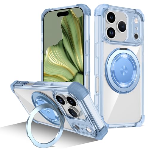 Coque iPhone 17 Pro rotative pour visionnage vidéo et charge induction bleu