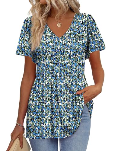 Image of OFEEFAN Womens Summer Tops Babydoll Short Sleeve Shirts Puff Sleeve Peplum Tops V Neck T Shirts