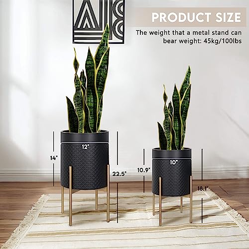 Oakrain Planters for Indoor Plants, Set of 2 Mid Century Modern Planter with Stand, Decorative Metal Planter Pots for Living Room, Office, Garden or Balcony, Black, 10&12