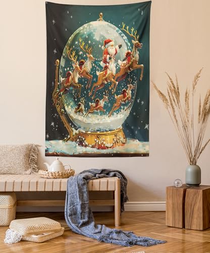 Lunarable Christmas Tapestry King Size, Vintage Xmas Snow Globe with Santa Claus and his Reindeers Flying, Wall Hanging Bedspread Bed Cover Wall Decor, 104" X 88", Dark Teal Vermilion Tan