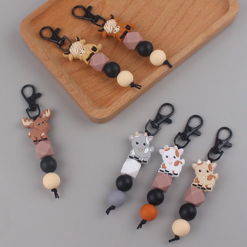 COLORFUL BLING Animal Keychains for Backpack Accessories,Silicon Bead Unisex Key Chains for Car Keys-goat-gray