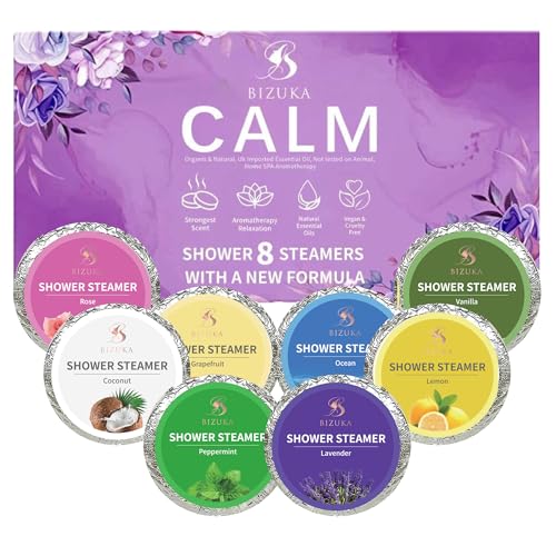 BIZUKA Aromatherapy Shower Steamers - 8 Scents with Essential Oils (Lavender, Mint, Coconut, Grapefruit, Rose, Ocean) for Stress Relief & Relaxation - 8 Tablets