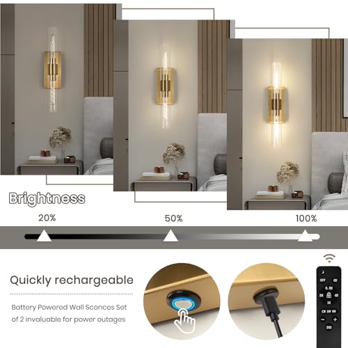 Image of Battery Operated Wall Sconce Set of Two, Rechargeable Wall Sconce, Gold Wall Lamp with Remote Controls, Indoor Non-Hardwired Bedside Wall Sconces, Gold Vanity Light for Bedroom, Hallway, etc