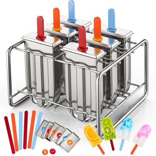 Jingmore Moldes pop de aço inoxidável, 6 moldes pop de metal de cabeça redonda com suporte e bastões reutilizáveis, máquinas de sorvete de metal para iogurte congelado sorvete de frutas (quadrado)