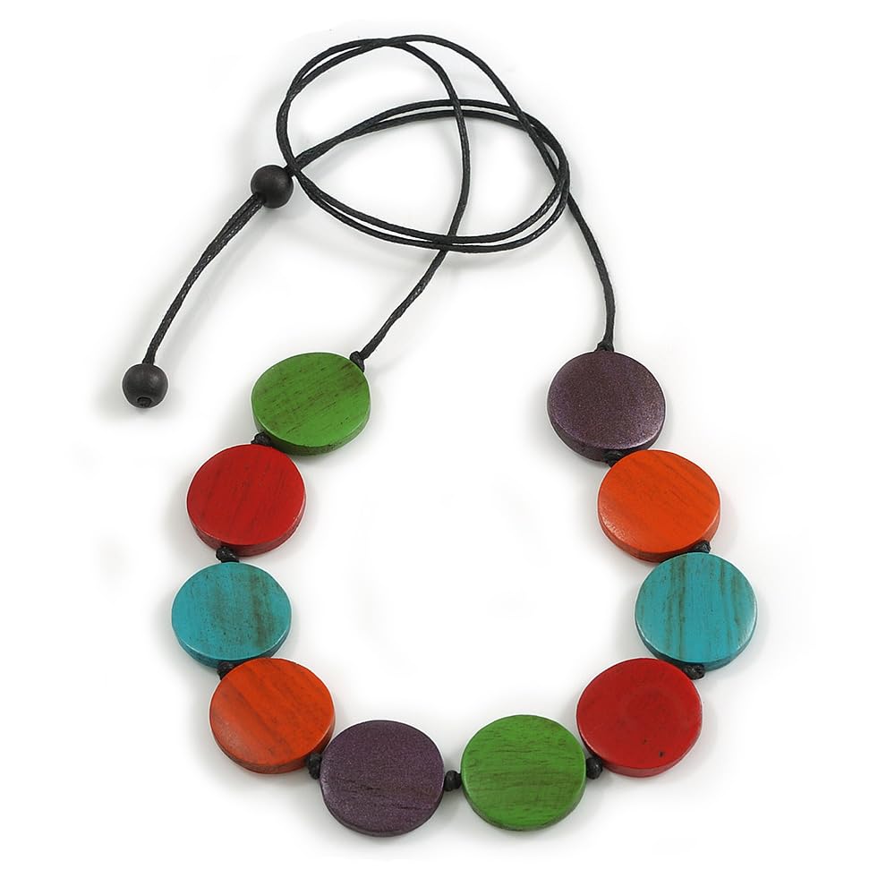Avalaya Collana Lunga In Cotone Con Perline Legno A Forma Di Moneta – Blu, Bianco, Verde, Marrone – Regolabile 100 Cm - 3