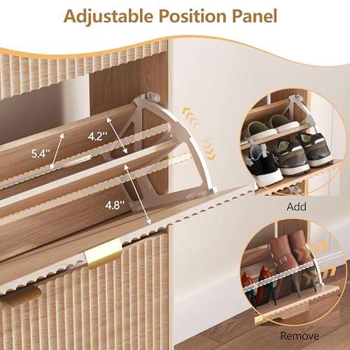 Image of HUANLEGO Shoe Cabinet Storage for Entryway with 6 Flip Drawers, Oak Fluted Shoe Cabinet with Adjustable Shelves, Wooden Hidden Shoe Rack Freestanding Narrow Slim Shoes Storage for Hallway, Entrance