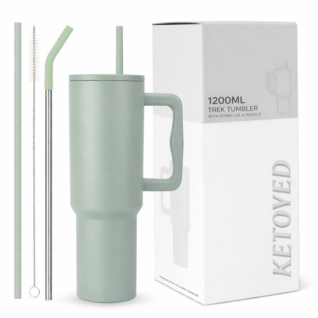 KETOVED Tumbler with lid and Straw 1200ML Cup Stainless Steel Vacuum Insulated Cup for Water, Iced Tea or Coffee 1.2L Office Gym Travelling; Tumbler with Straw. (40 - Oz - Pista)
